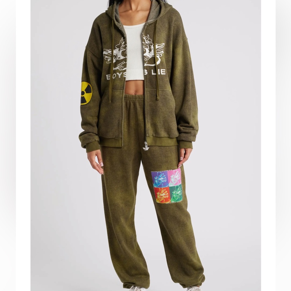 BOYS LIE Dont Test Me Terry Harley Zip Hoodie + Kimmy Sweatpant Green Set XS/S